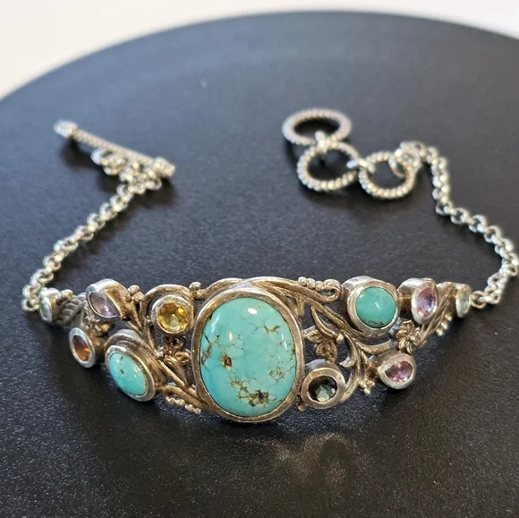 Genuine Bali Turquoise & Tourmaline Bracelet Platinum over 925 - Picture 3 of 6